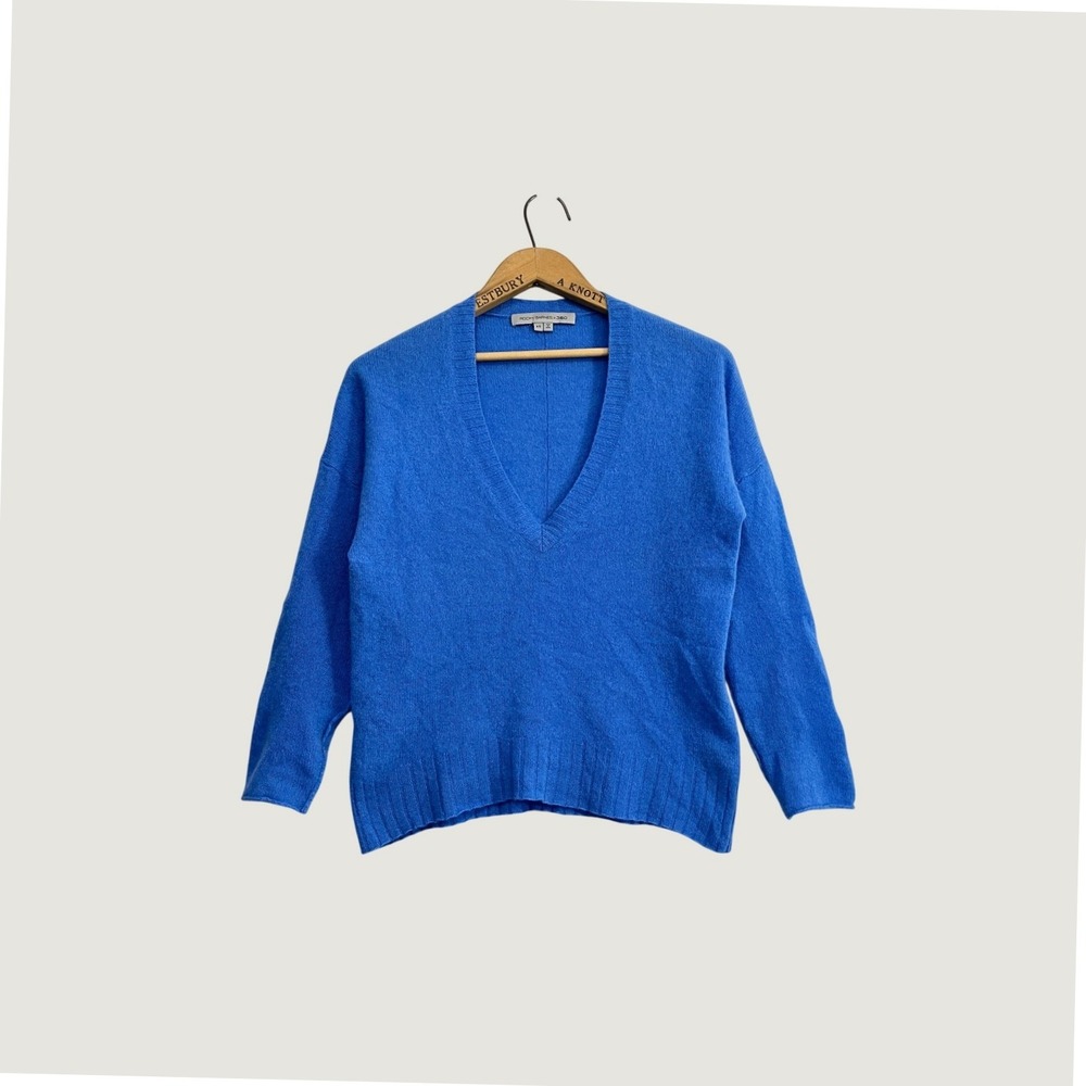 Rocky Barnes x 360 Cashmere Blue V-Neck Pullover Sweater 100% Cashmere XS 38702